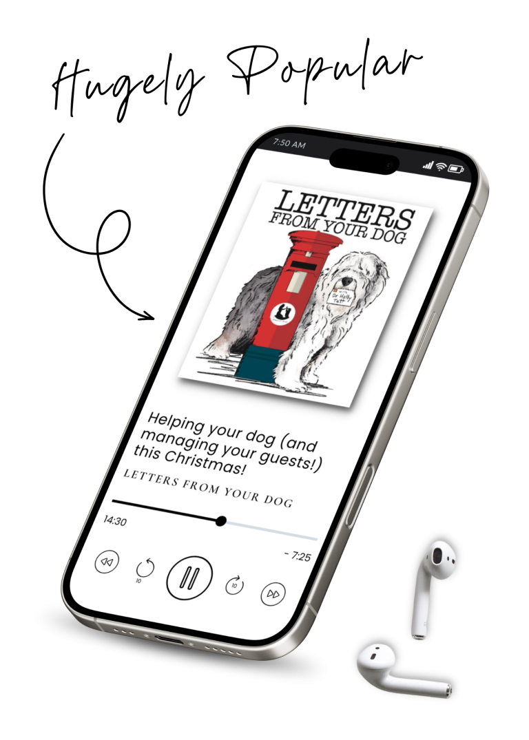A smartphone displaying a podcast interface on its screen, set against a solid black background alongside a pair of white wireless earbuds. The podcast cover art features an illustration of a dog standing behind a red pillar box with the text "LETTERS FROM YOUR DOG" at the top. Below the artwork, the episode title reads "Helping your dog (and managing your guests!) this Christmas!", followed by playback controls and a progress bar.
