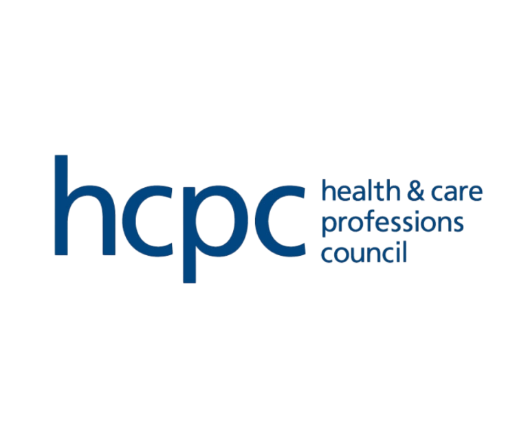 Logo featuring dark blue lowercase letters "hcpc" on the left. To the right, smaller dark blue lowercase text reads "health & care professions council" stacked across three lines.