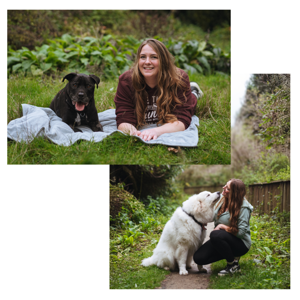 A photo collage with two offset pictures. The top left photo shows a smiling woman with long brown hair in a maroon sweatshirt lying on a light blue blanket on the grass next to a happy black dog lying beside her. The bottom right photo shows the same woman in a light green hoodie crouching on a wooded dirt path, looking fondly at a large, fluffy white dog sitting in front of her.