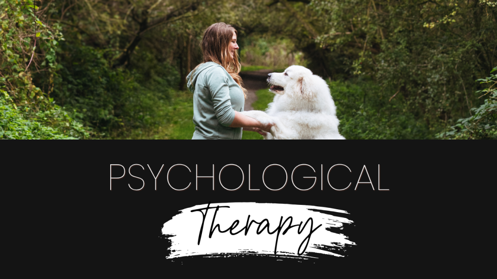 The top half shows a woman in a light green hoodie standing on a dirt path in a wooded park, holding both paws of a large, fluffy white dog (such as a Great Pyrenees) who looks up at her affectionately. The bottom half is a solid black block featuring thin, uppercase white text reading "PSYCHOLOGICAL" above the word "Therapy" in black script set against a white brushstroke background.