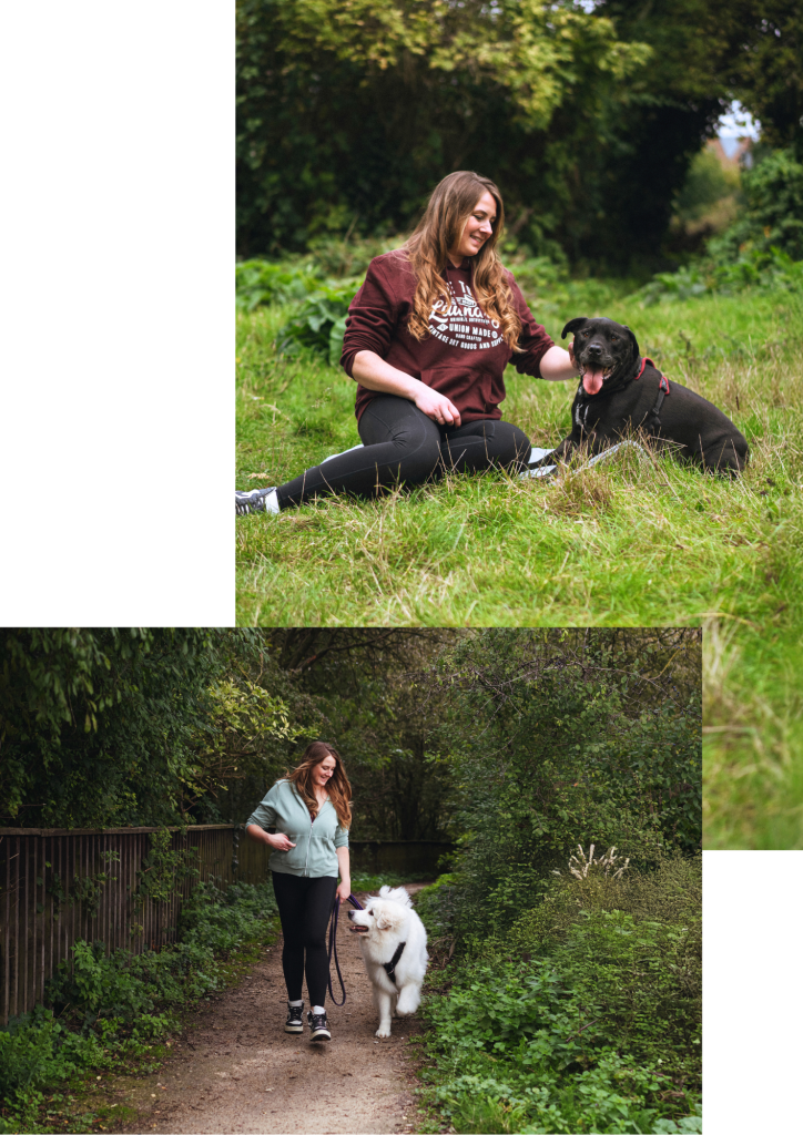 A two-photo collage featuring Holly spending time outdoors with two different dogs. Top photo: Holly, wearing a maroon hooded sweatshirt and black leggings sits on a grassy field, smiling as she pets a short-haired black dog, Riggs sitting beside her. Bottom photo: Holly, wearing a light green zip-up hoodie and black leggings, walks along a dirt pathway next to a wooden fence while leading a large, fluffy white Great Pyrenees-type dog, Aya on a leash.