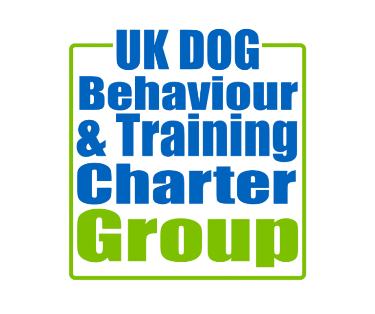 Logo for the UK Dog Behaviour & Training Charter Group enclosed within a thin green rectangular outline. The bold text is stacked inside: "UK DOG", "Behaviour", "& Training", and "Charter" are in blue, while the final word, "Group", is in lime green at the bottom.